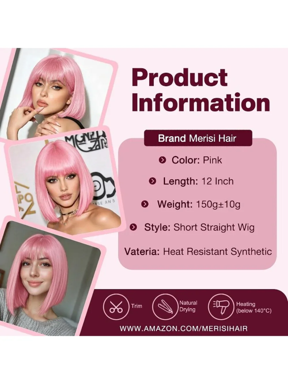 Women's Pink 11 Inch Heat Resistant Synthetic Short Straight Wigs Bangs